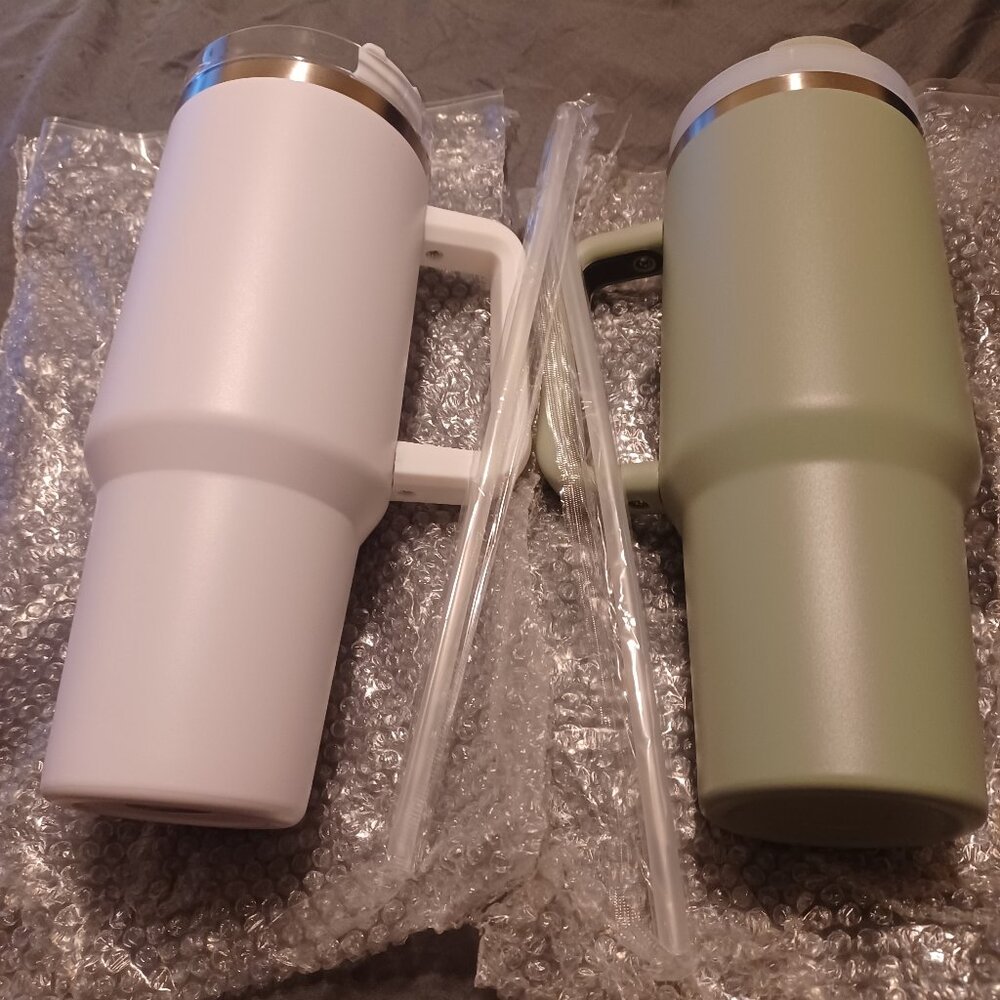 Set Of 2 40oz Stainless Steel Tumblers With Straws (Green/White)